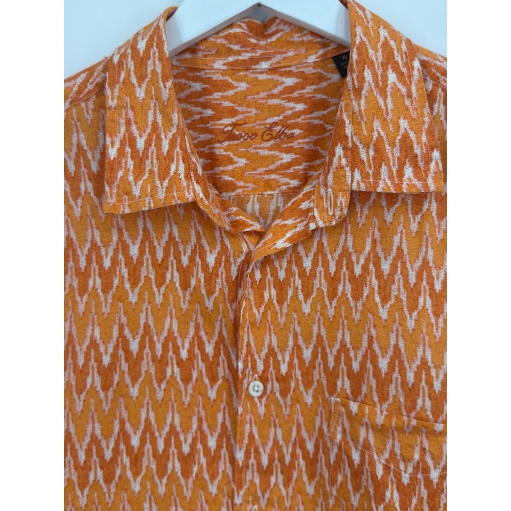 Tasso Elba Orange White Ikat Chevron 100% Linen Short Sleeve‎ Button Shirt XL - Picture 8 of 8